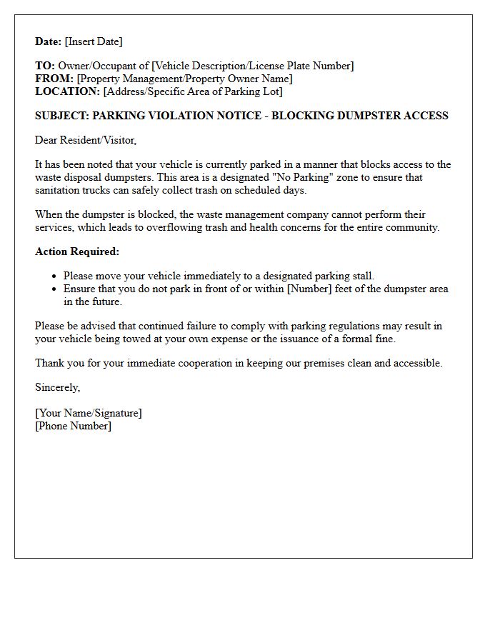 Dumpster Blocking Parking Violation Letter