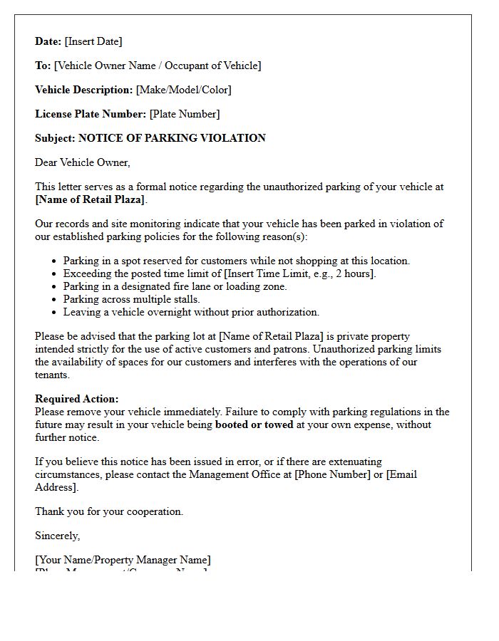 Retail Plaza Customer Parking Misuse Letter