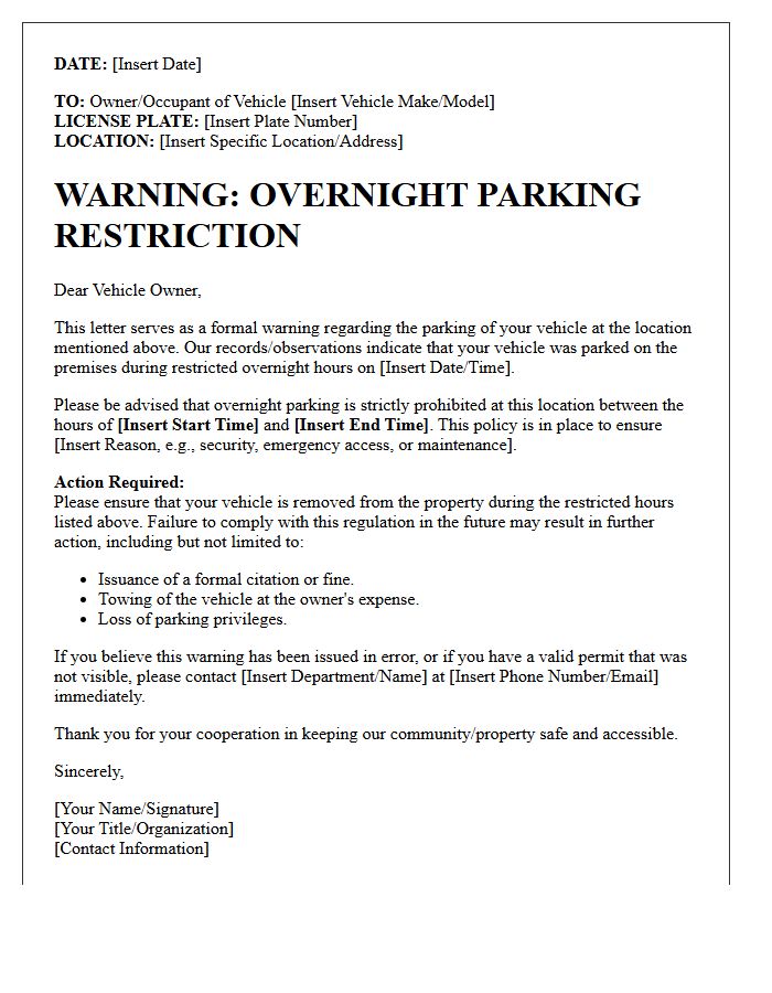 Overnight Parking Restriction Warning Letter