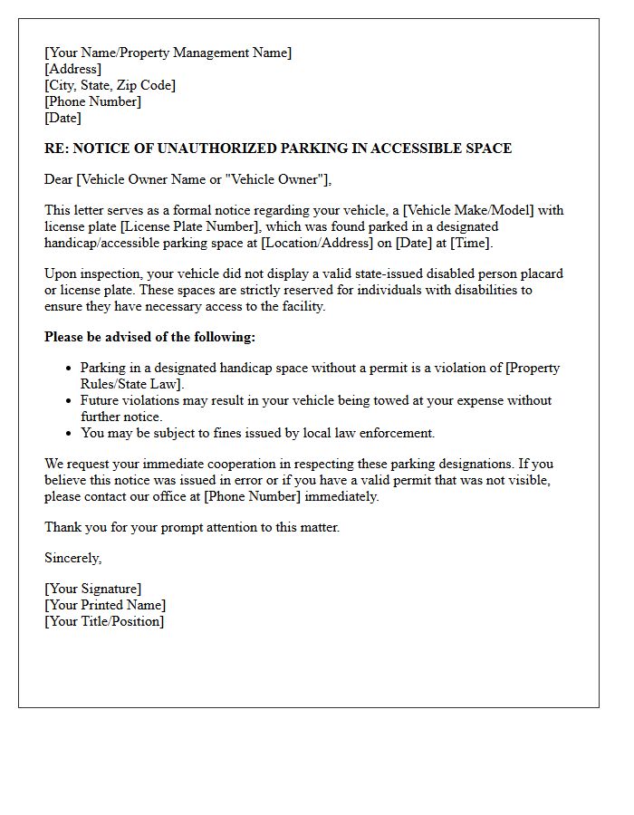 Handicap Space Unauthorized Parking Letter
