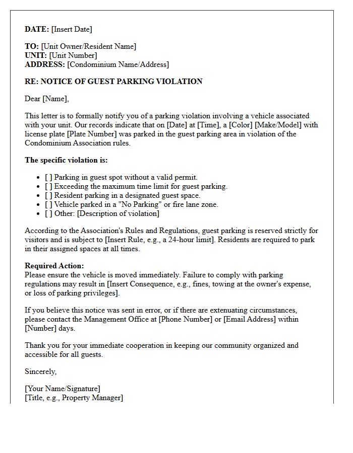 Condominium Guest Parking Violation Letter