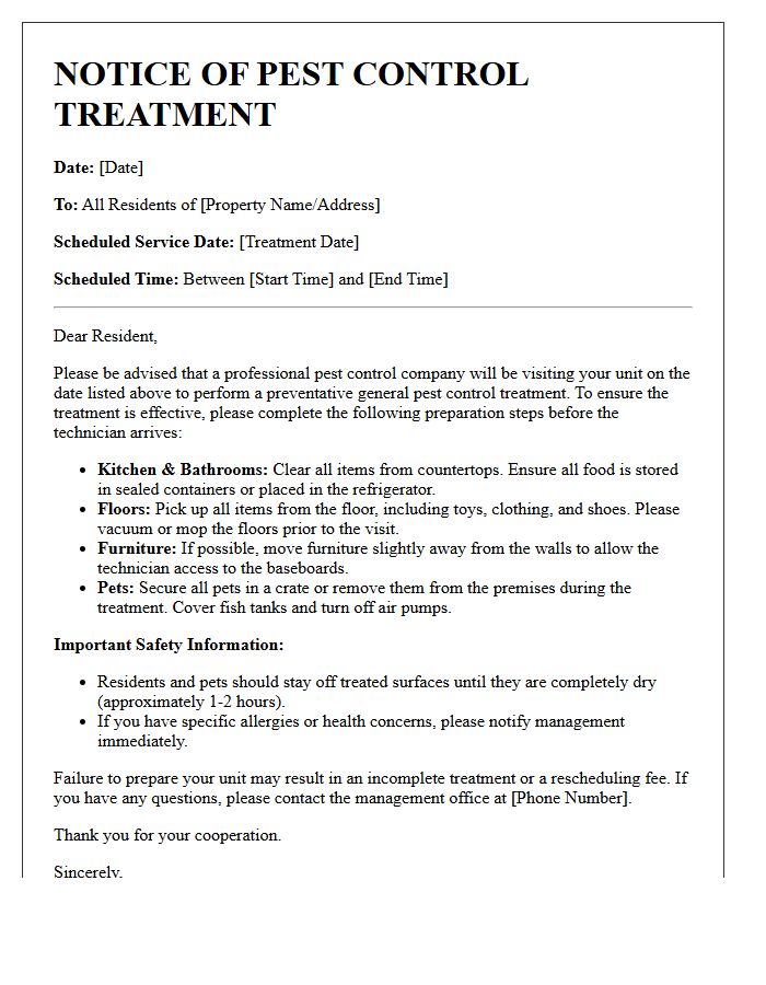 Tenant Notice for General Pest Control Preparation Letter