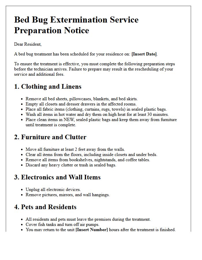 Bed Bug Extermination Service Preparation Letter
