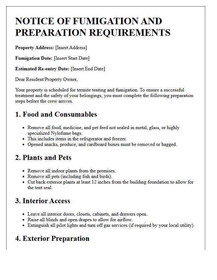 Termite Tenting and Fumigation Preparation Letter