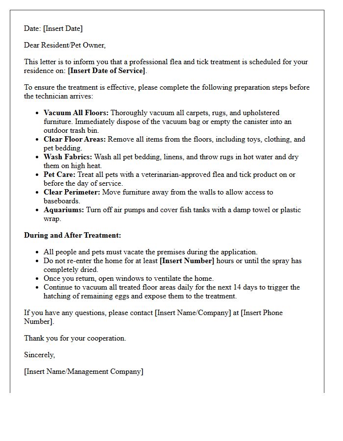 Flea and Tick Treatment Preparation Letter