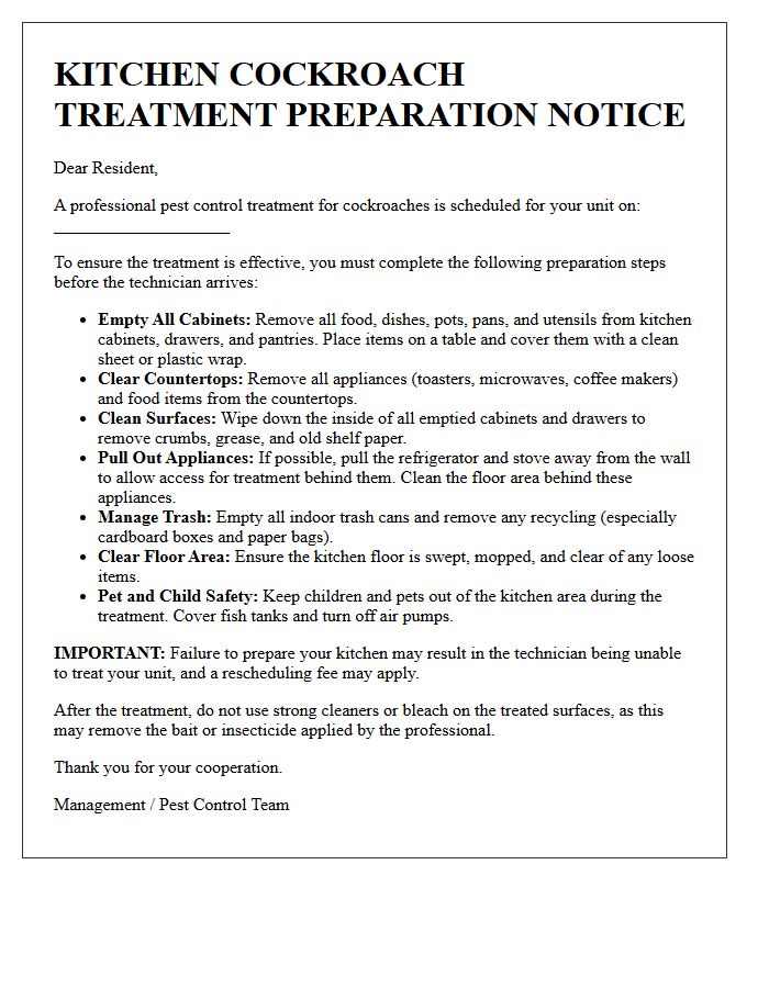 Kitchen Cockroach Cleanout Preparation Letter