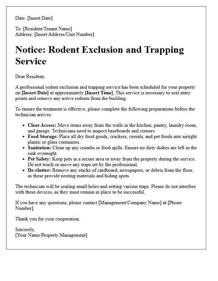 Rodent Exclusion and Trapping Preparation Letter