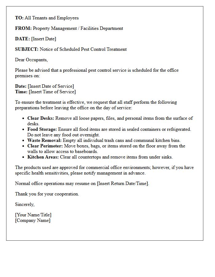 Commercial Office Space Pest Control Preparation Letter