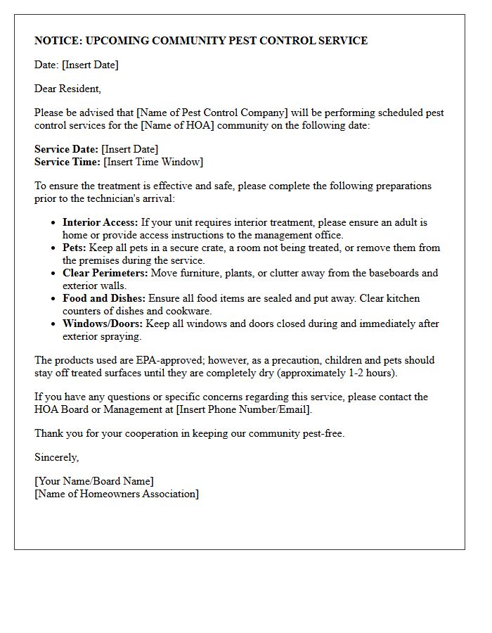 Homeowners Association Community Pest Service Preparation Letter