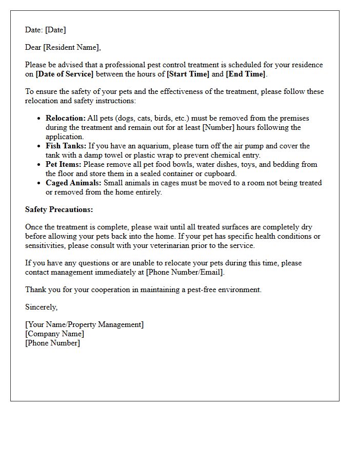 Pet Safety and Relocation Pest Control Preparation Letter