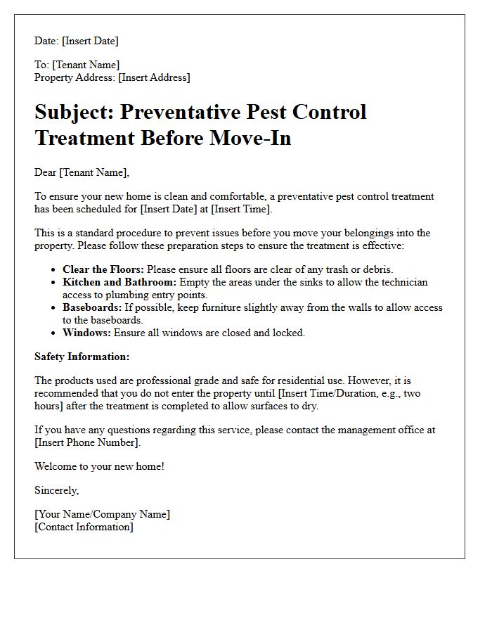 Move-In Preventative Pest Control Preparation Letter