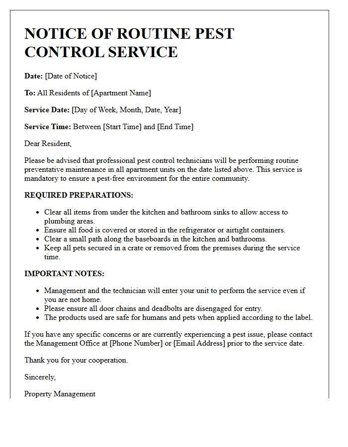 Multi-Family Apartment Routine Pest Control Preparation Letter