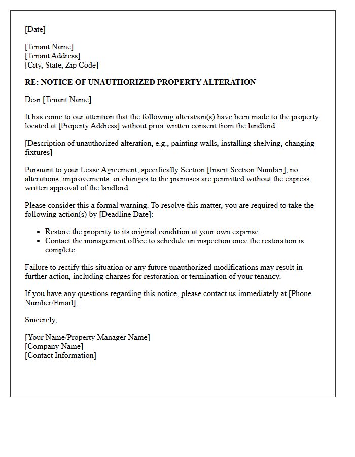 Initial Warning Letter for Unauthorized Property Alterations