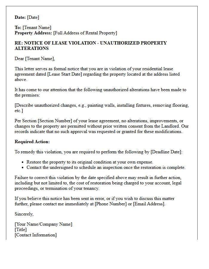 Notice of Lease Violation Letter Regarding Unauthorized Property Alterations