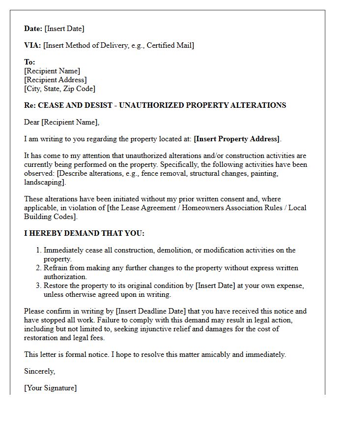 Cease and Desist Letter for Unauthorized Property Alterations
