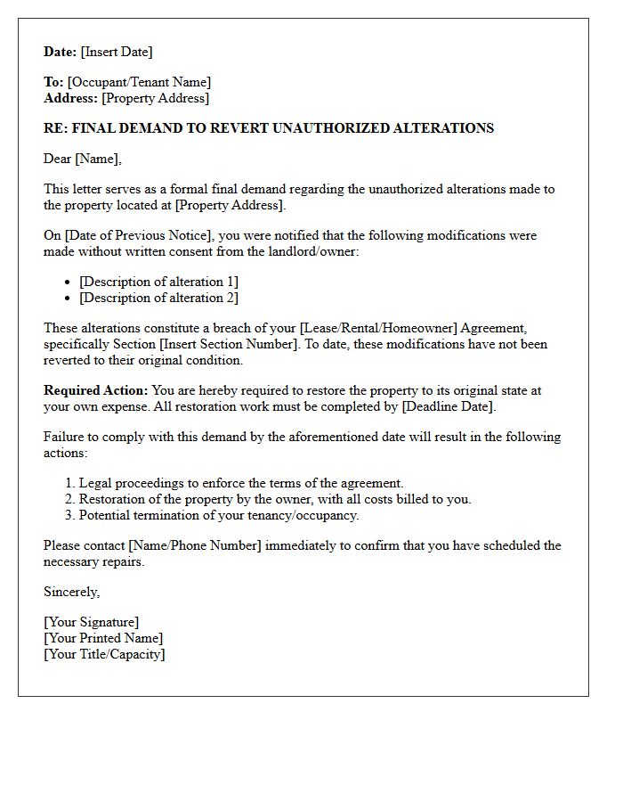 Final Demand Letter to Revert Unauthorized Property Alterations