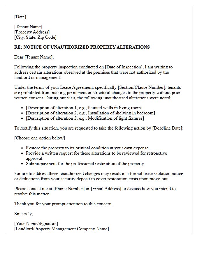 Property Inspection Follow-Up Letter Noting Unauthorized Alterations