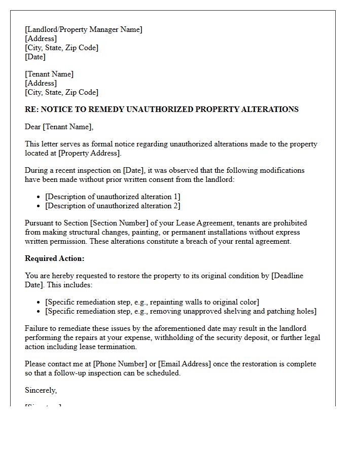 Tenant Remediation Letter for Unauthorized Property Alterations