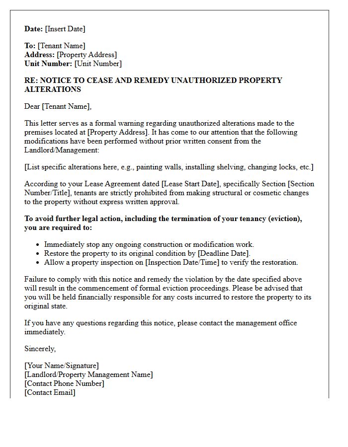 Eviction Warning Letter Stemming From Unauthorized Property Alterations