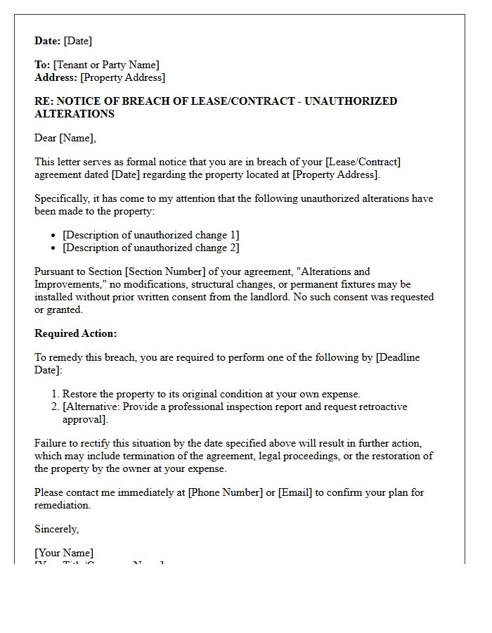 Breach of Contract Letter for Unauthorized Property Alterations