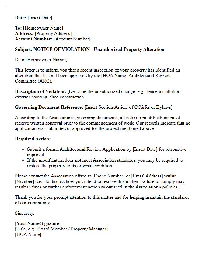 Homeowners Association Violation Letter for Unauthorized Property Alterations
