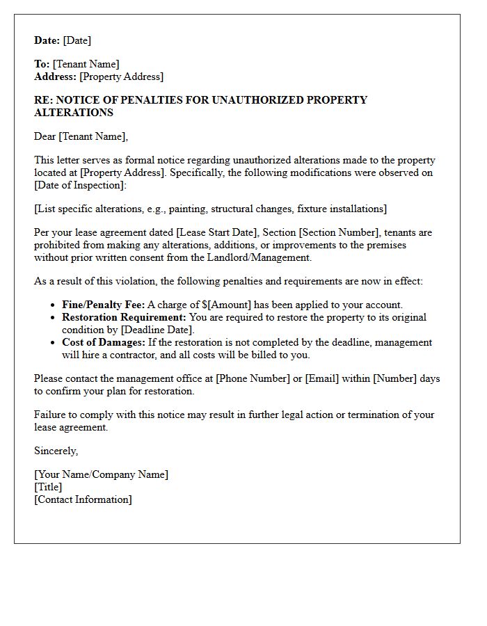 Notice of Penalties Letter for Unauthorized Property Alterations