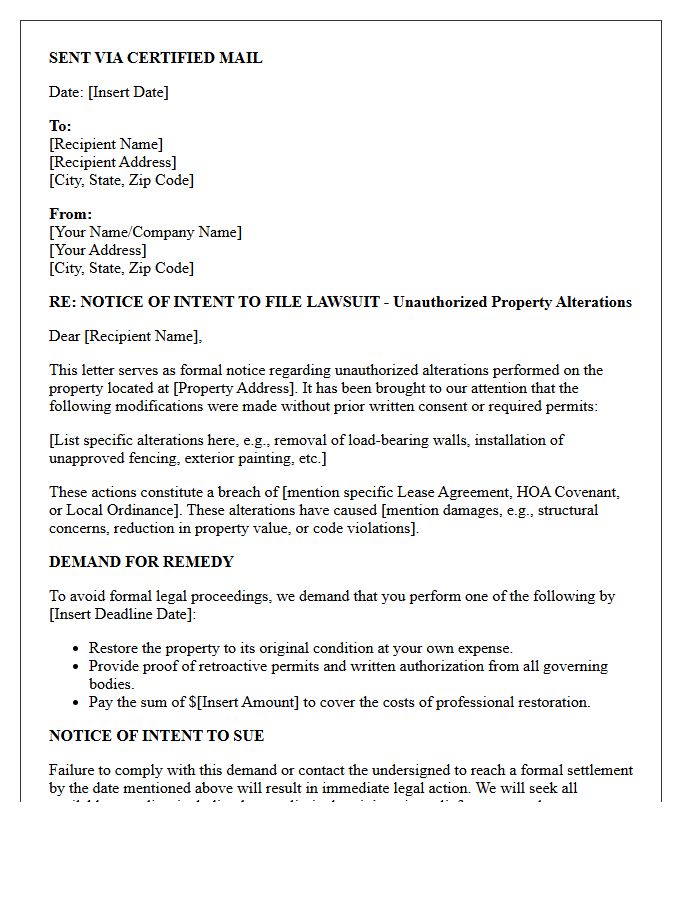 Pre-Litigation Intent Letter for Unauthorized Property Alterations