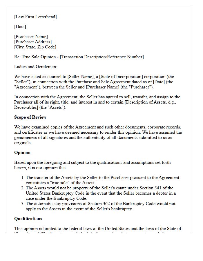 True Sale Opinion Letter