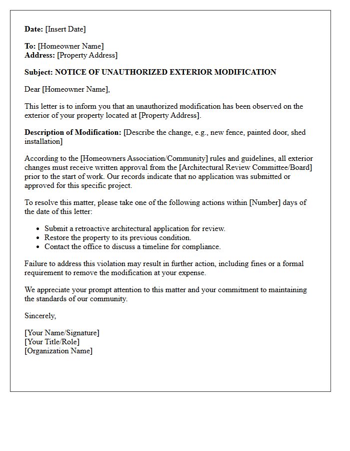 Unauthorized Exterior Modification Warning Letter