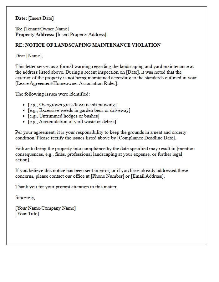 Landscaping Maintenance Neglect Warning Letter