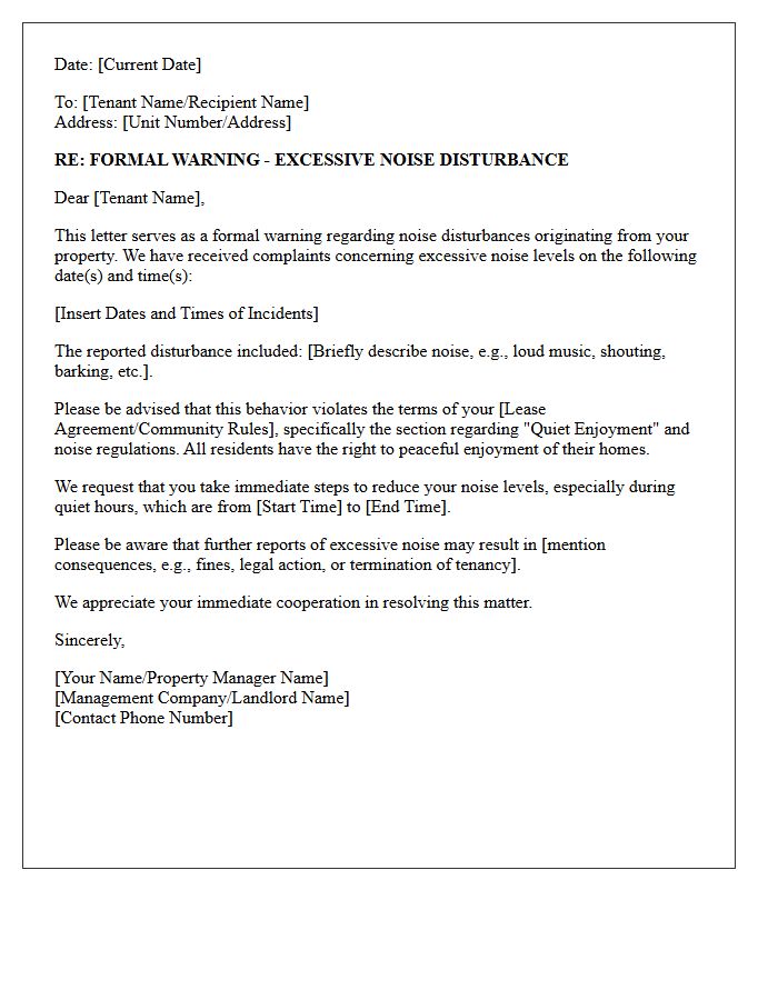 Excessive Noise Disturbance Warning Letter