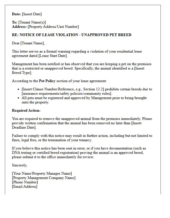 Unapproved Pet Breed Violation Warning Letter