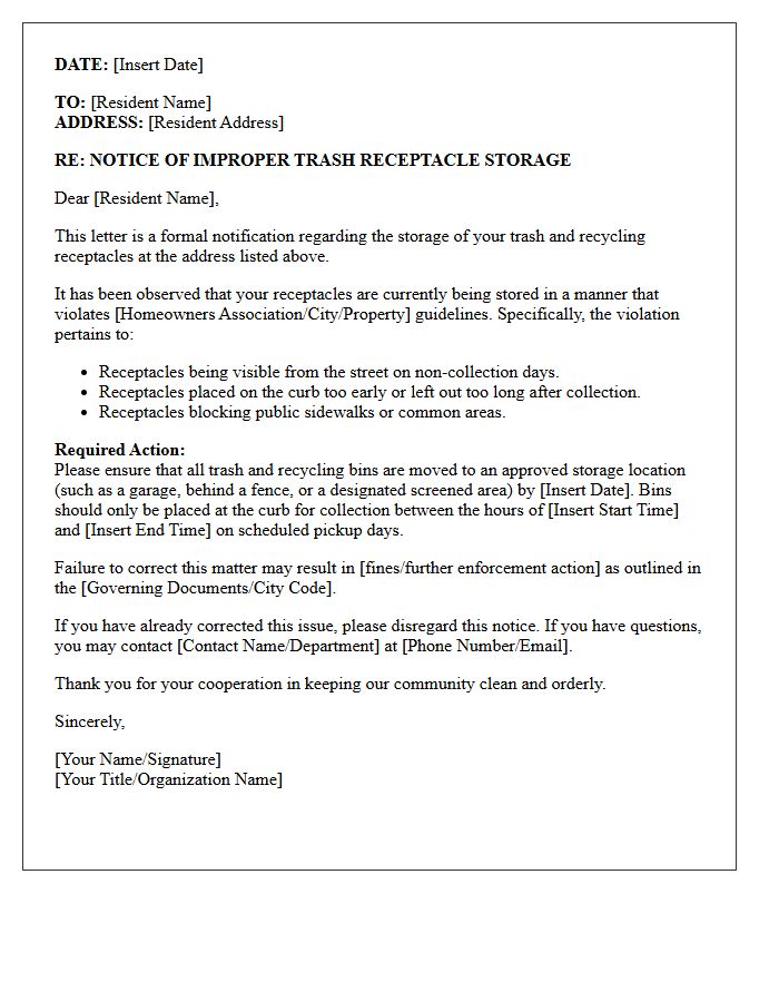 Improper Trash Receptacle Storage Warning Letter