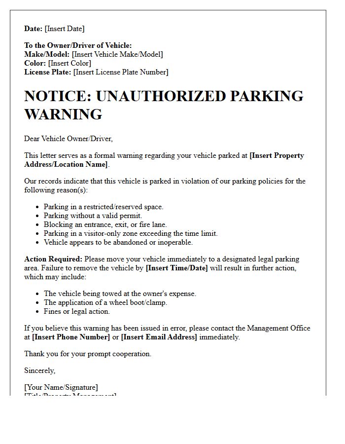 Unauthorized Vehicle Parking Warning Letter