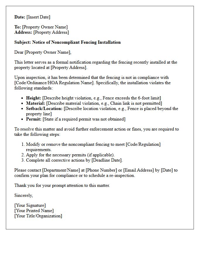 Noncompliant Fencing Installation Warning Letter