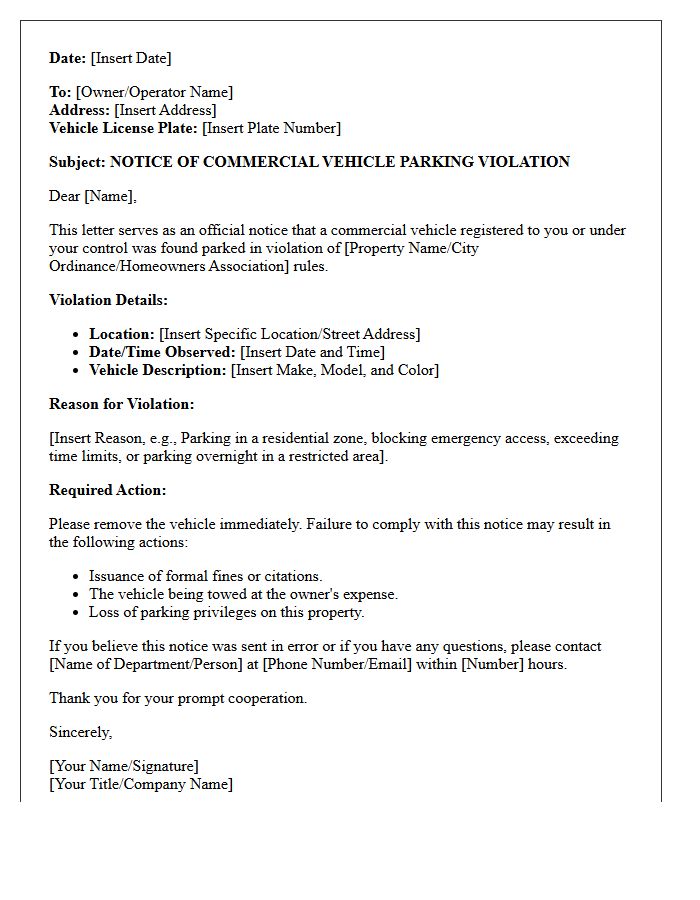 Commercial Vehicle Parking Violation Letter