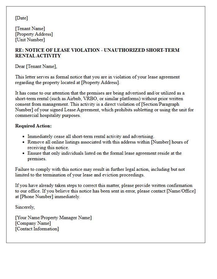 Unauthorized Short Term Rental Warning Letter