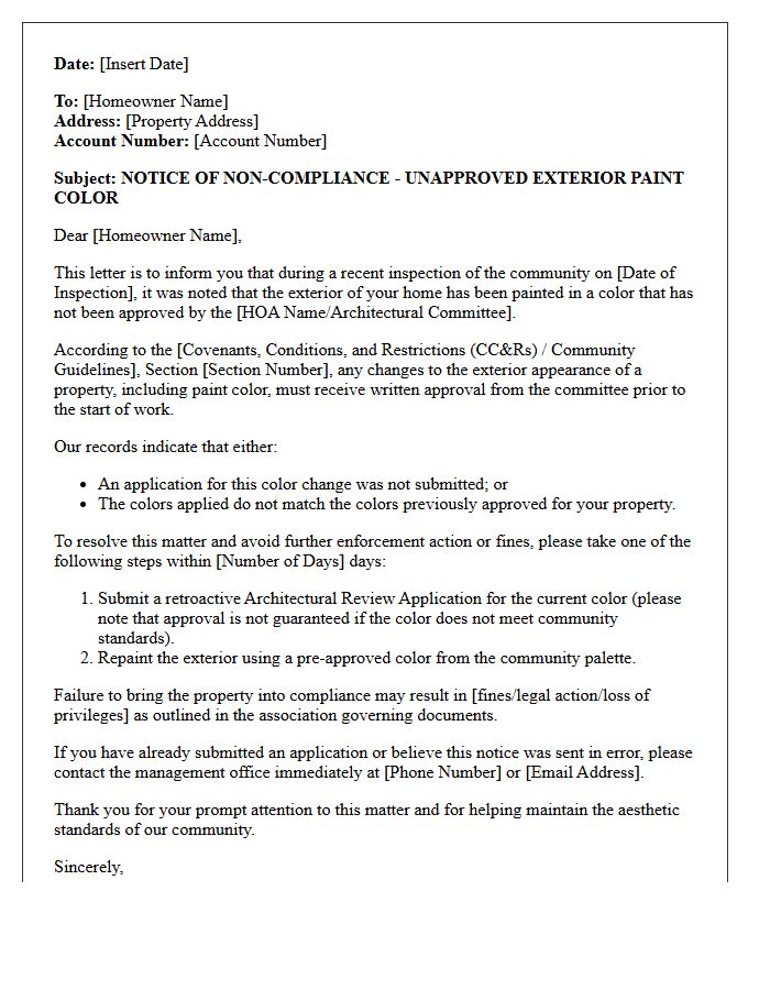 Unapproved Exterior Paint Color Warning Letter