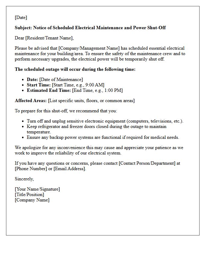 Scheduled Electrical Maintenance Shut-Off Letter