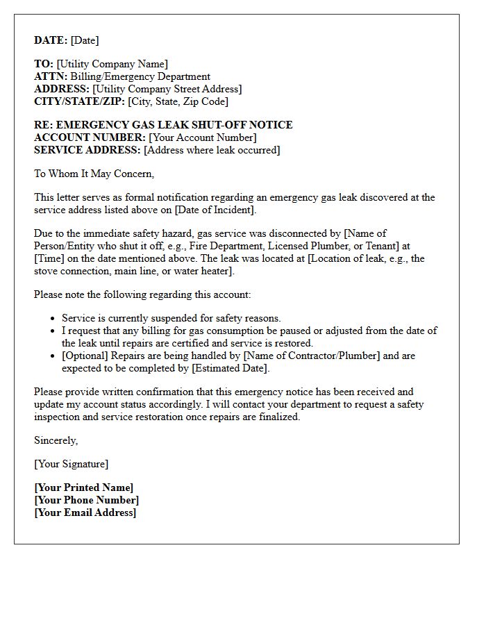 Emergency Gas Leak Utility Shut-Off Letter