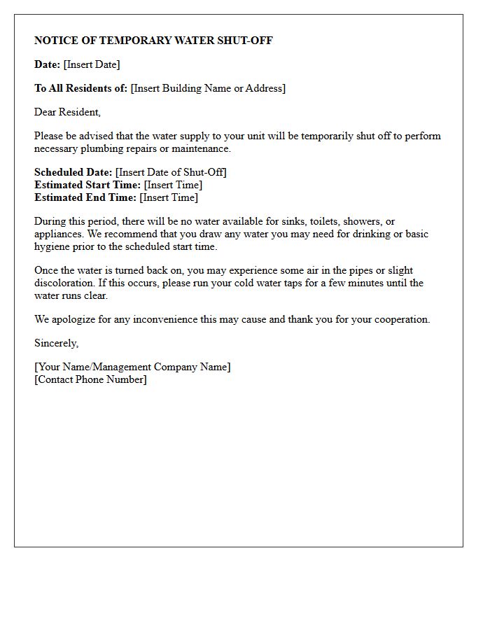 Tenant Notice Of Temporary Plumbing Shut-Off Letter