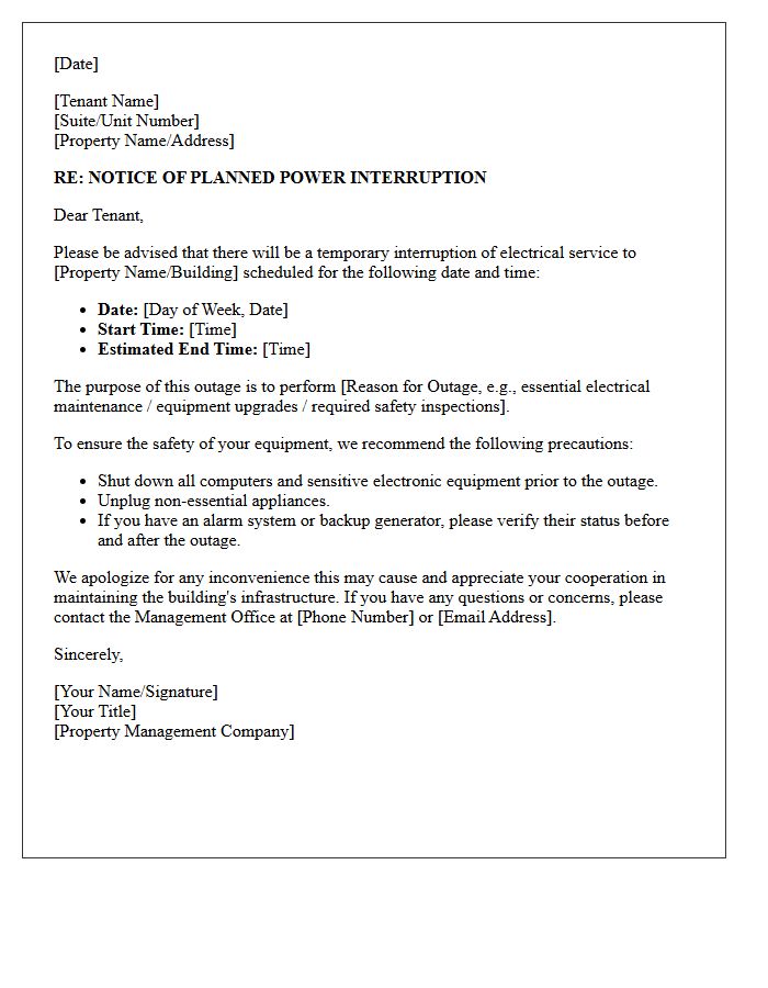 Commercial Property Power Interruption Notice Letter