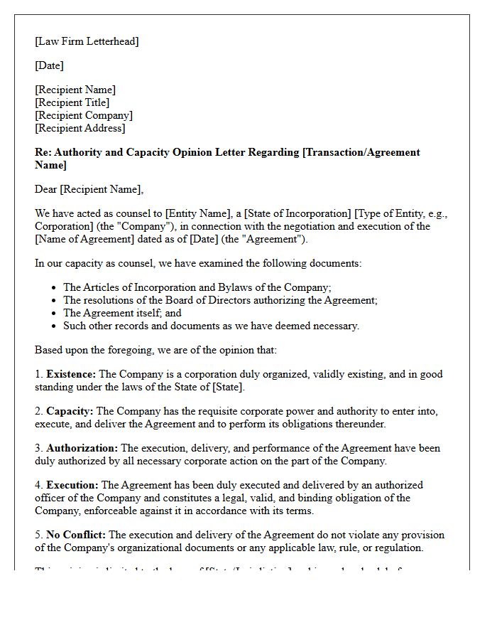 Authority and Capacity Opinion Letter