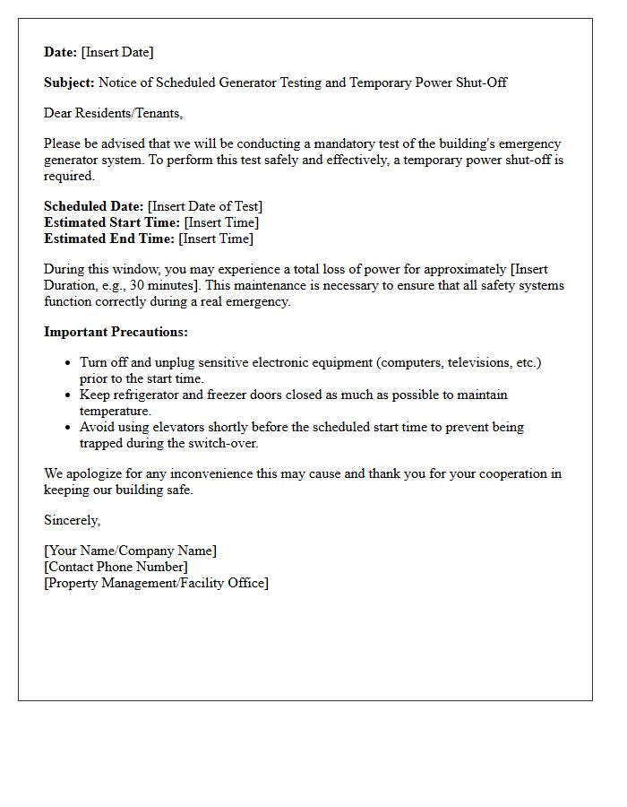 Scheduled Generator Testing And Power Shut-Off Letter