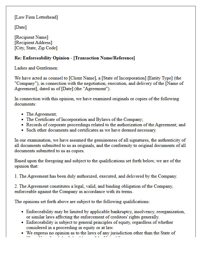Valid and Binding Enforceability Opinion Letter