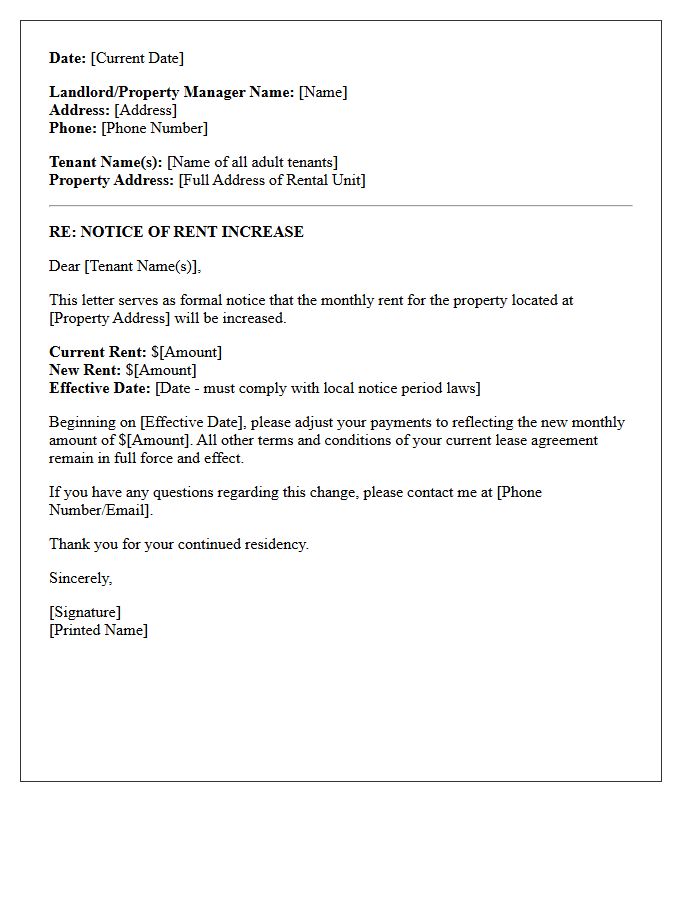 Standard Residential Rent Increase Letter