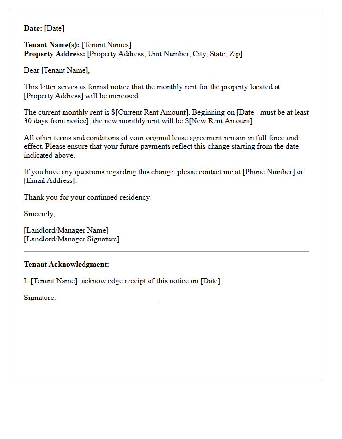 Thirty-Day Notice Of Rent Increase Letter