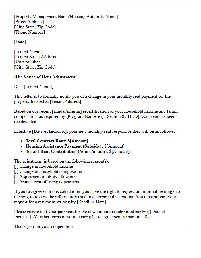 Subsidized Housing Rent Increase Letter