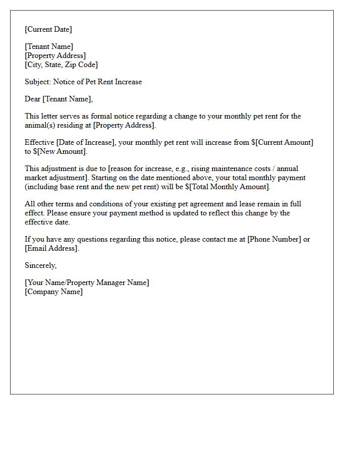 Pet Accommodation Rent Increase Letter
