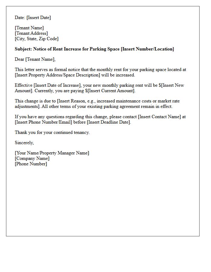 Property Parking Space Rent Increase Letter